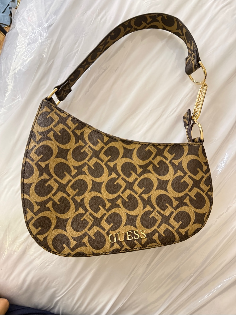 GUESS Brown Signature Monogram Shoulder Bag with Gold Hardware